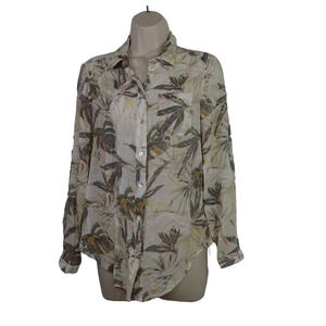 New Directions Floral Button Up Blouse Shirt Green Women Petite PM Long Sleeve